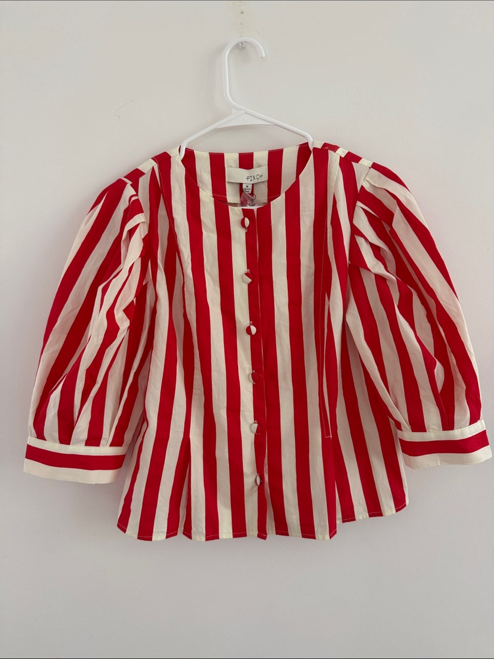 PINCH Red & Beige Vertical Stripe Puff Sleeve NEW  Size Medium 100% Cotton